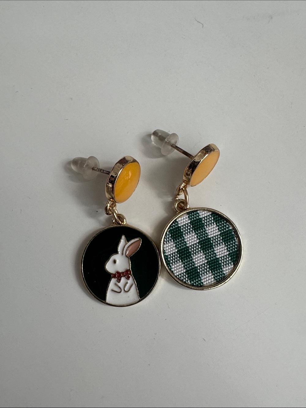 Cute Bunny & Green Gingham Drop Earrings - Yellow Accents